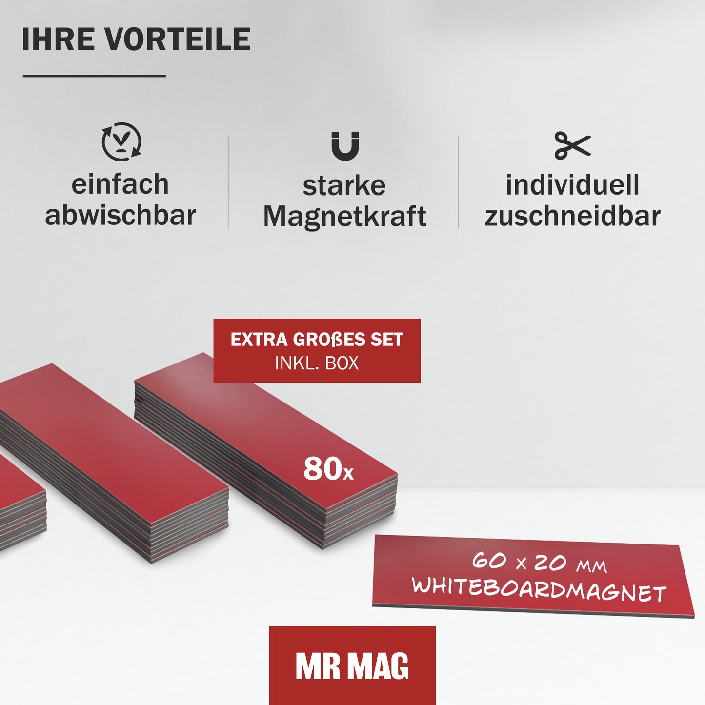 80 Beschreibbare Magnetstreifen - 60x20mm - rot