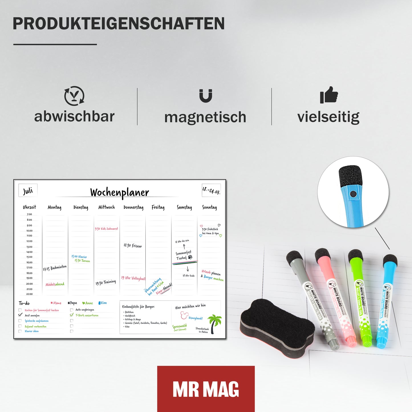 Magnetischer Wochenplaner - 40 x 30cm - inkl. 4 Marker & Schwamm